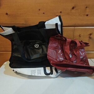Set Of 2 Lululemon Reusable Shopping Mini Tote Bags Snap Closure Canvas Handles